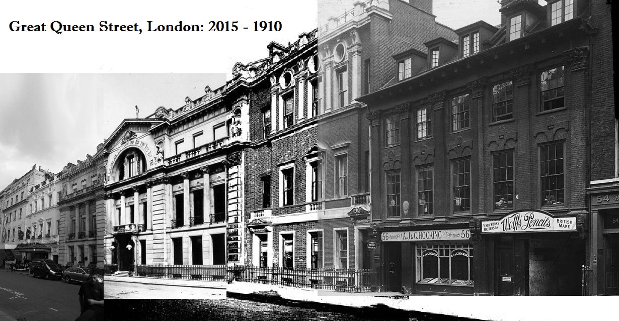 A collage of photos of Great Queen Street, London from 2015 back to 1910. This gives an idea 